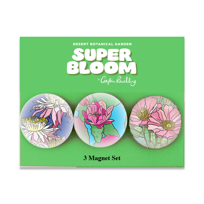 Desert Botanical Garden Superbloom Magnet Set containing three round magnets featuring illustrations of desert flowers, displayed on a green backing card with the text Super Bloom.