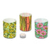 Three Desert Botanical Garden Superbloom Candle Shade cylinders decorated with botanical illustrations of yellow flowers, orange desert plants, and pink flowers, with a small tea light in the center.