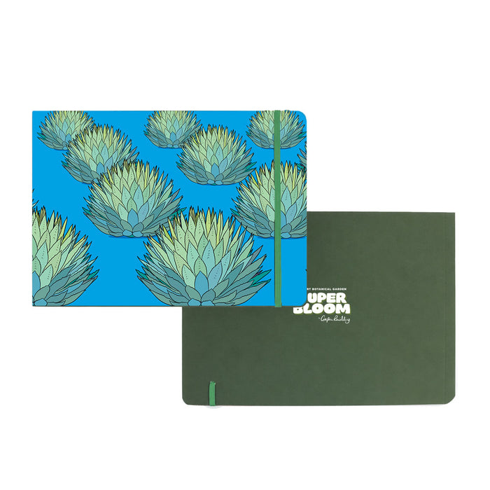 Two Desert Botanical Garden Superbloom Sketchpads with elastic closures: one with a blue cover featuring a repeating agave pattern, and one with a plain olive green cover.