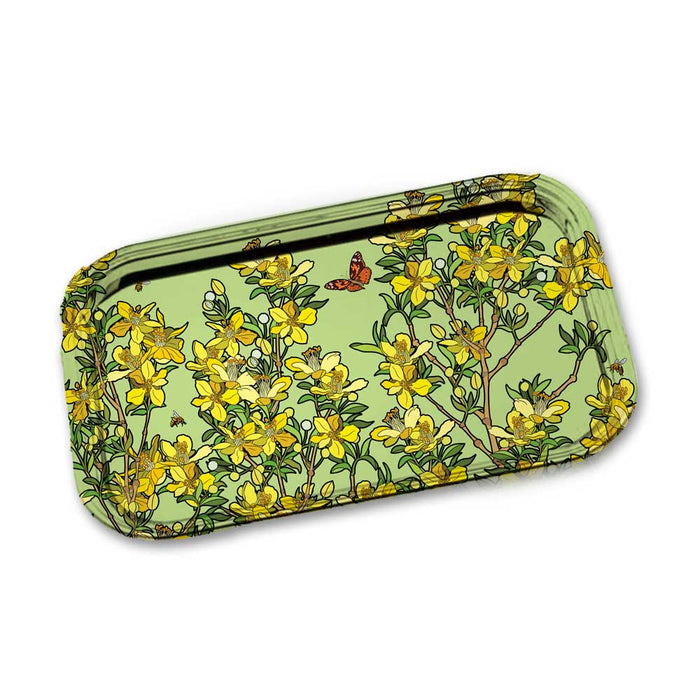 Rectangular Desert Botanical Garden Superbloom Serving Tray featuring a light green illustration of yellow flowers, green foliage, a butterfly, and small bees.