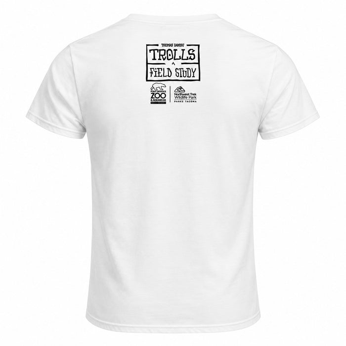 Back view of a white Thomas Dambo, Trolls Field Study T-Shirt featuring a black graphic with the text Trolls: A Field Study and logos for Point Defiance Zoo & Aquarium and Northwest Trek Wildlife Park.
