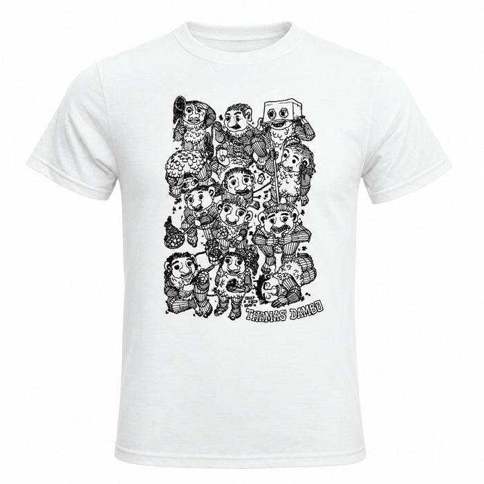 White Thomas Dambo, Trolls Field Study T-shirt with a crew neck, featuring a black-and-white troll graphic and the text THANKS DAMBO at the bottom.