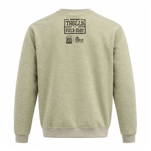 Back view of a light green Thomas Dambo, Trolls Field Study Crew Sweatshirt featuring a graphic that reads A Field Study above the logos for Point Defiance Zoo & Aquarium and Northwest Trek Wildlife Park.