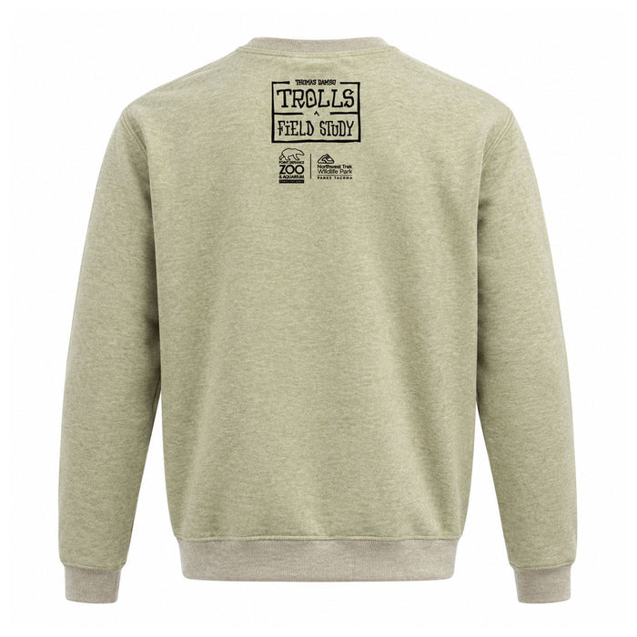 Back view of a light green Thomas Dambo, Trolls Field Study Crew Sweatshirt featuring a graphic that reads A Field Study above the logos for Point Defiance Zoo & Aquarium and Northwest Trek Wildlife Park.