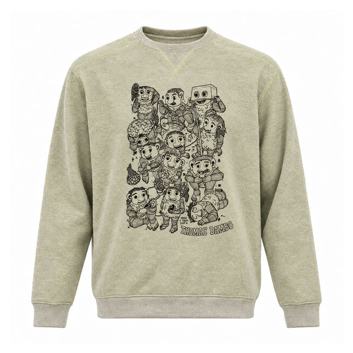 Light green Thomas Dambo, Trolls Field Study Crew Sweatshirt featuring a black graphic illustration of a group of whimsical troll characters.