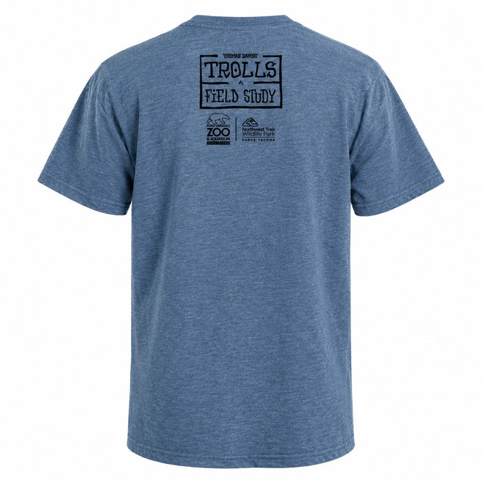 Back of a blue Thomas Dambo, Trolls Field Study Youth T-Shirt featuring a black graphic that reads A Field Study above the logos for Point Defiance Zoo & Aquarium and Northwest Trek Wildlife Park.