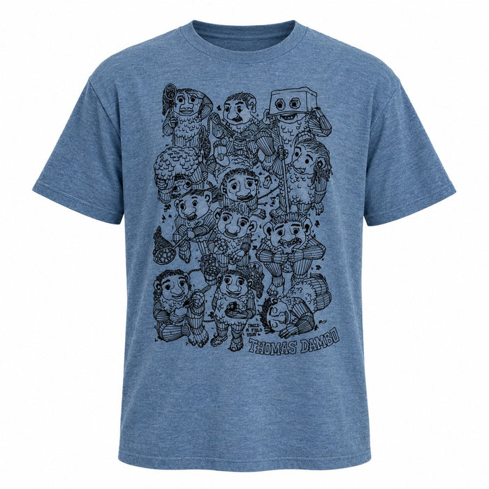 Blue heathered Thomas Dambo, Trolls Field Study Youth T-Shirt with a black line-art print of multiple whimsical trolls and their name at the bottom.
