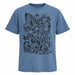 Blue heathered Thomas Dambo, Trolls Field Study Youth T-Shirt with a black line-art print of multiple whimsical trolls and their name at the bottom.