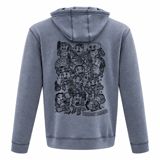 Back view of the blue heathered Thomas Dambo, Trolls Field Study Hooded Sweatshirt, featuring a large black line-art graphic of various whimsical trolls.