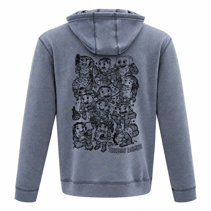 Back view of the blue heathered Thomas Dambo, Trolls Field Study Hooded Sweatshirt, featuring a large black line-art graphic of various whimsical trolls.