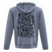 Back view of the blue heathered Thomas Dambo, Trolls Field Study Hooded Sweatshirt, featuring a large black line-art graphic of various whimsical trolls.