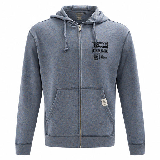 Blue heathered Thomas Dambo, Trolls Field Study Hooded Sweatshirt with a zip-up front and chest graphic.
