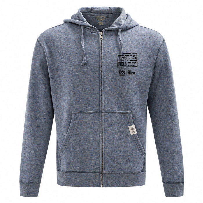 Blue heathered Thomas Dambo, Trolls Field Study Hooded Sweatshirt with a zip-up front and chest graphic.