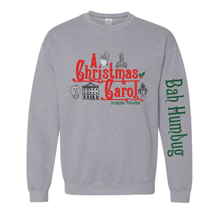 Grey sweatshirt featuring a red and green A Christmas Carol Fords Theatre graphic on the chest and the words Bah Humbug in green text on the sleeve.