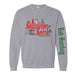 Grey sweatshirt featuring a red and green A Christmas Carol Fords Theatre graphic on the chest and the words Bah Humbug in green text on the sleeve.