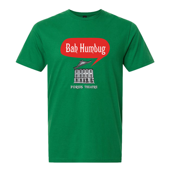 Green t-shirt featuring an illustration of Fords Theatre with a red speech bubble above it that reads, Bah Humbug.