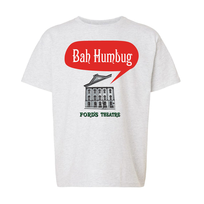 Light gray t-shirt with a graphic of Fords Theatre and a red speech bubble above it that reads Bah Humbug.