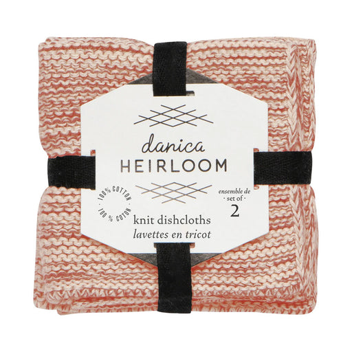 Two folded pink and white Clay Knit Dishcloths, Set of 2, secured by a black band and a product label.