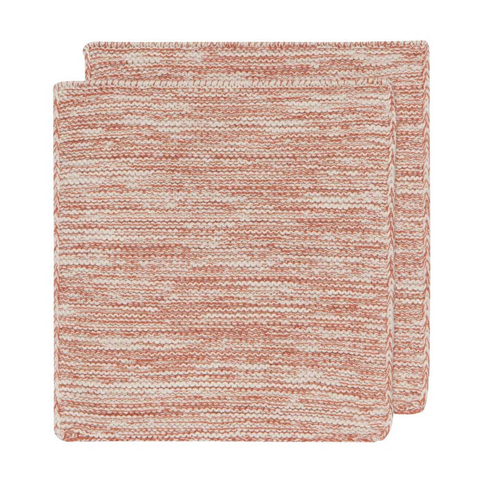 Two square Clay Knit Dishcloths Set of 2 in a terracotta and white pattern, stacked slightly offset.