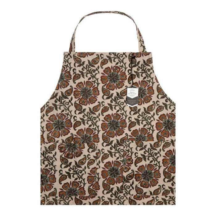 Elysian Block Print Apron with a tan background and a repeating Indian hand block-printing floral pattern in muted red, green, and dark brown.
