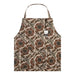 Elysian Block Print Apron with a tan background and a repeating Indian hand block-printing floral pattern in muted red, green, and dark brown.