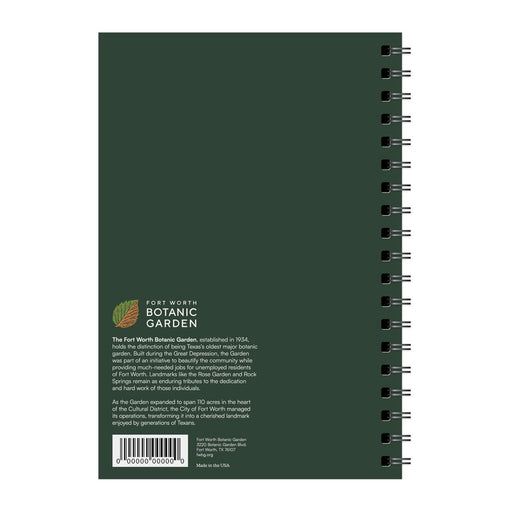 Dark green spiral-bound Fort Worth Botanical Garden Photography Spiral Journal, featuring historical information about the garden printed on the back cover.