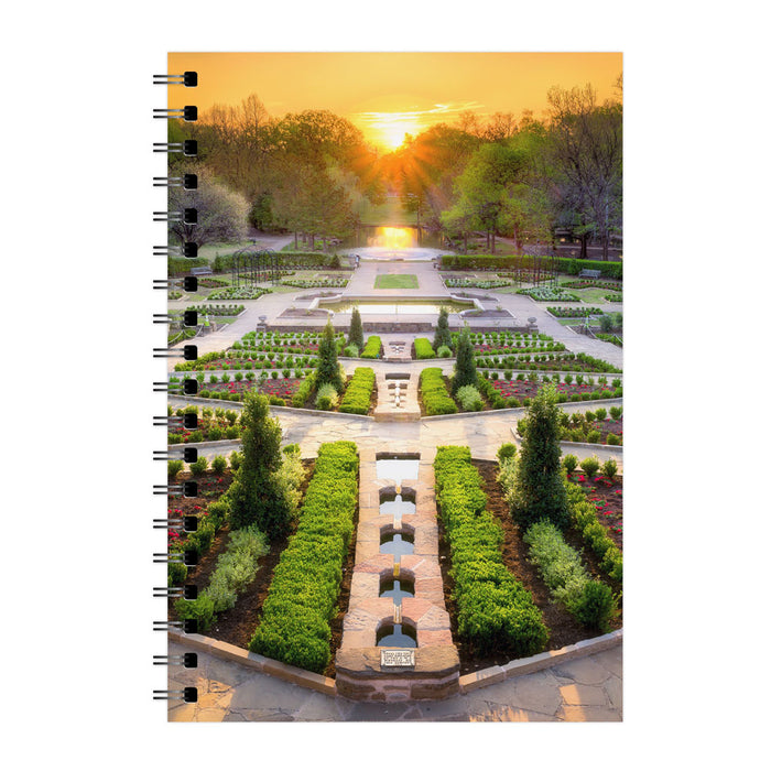 Fort Worth Botanical Garden Photography Spiral Journal featuring a manicured garden with geometric hedges and a long stone water feature at sunset.