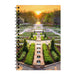 Fort Worth Botanical Garden Photography Spiral Journal featuring a manicured garden with geometric hedges and a long stone water feature at sunset.