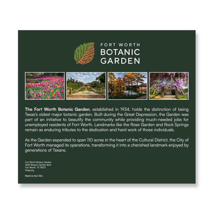 Fort Worth Botanical Garden Magnet Set featuring an informational display card with four photos of Texas flora, a historical summary, and contact information.
