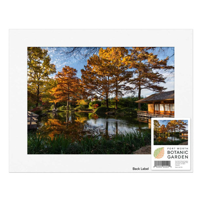 A Fort Worth Botanical Garden Pond Mounted Print showing a pond surrounded by autumn trees and a small wooden structure, with a label in the corner.
