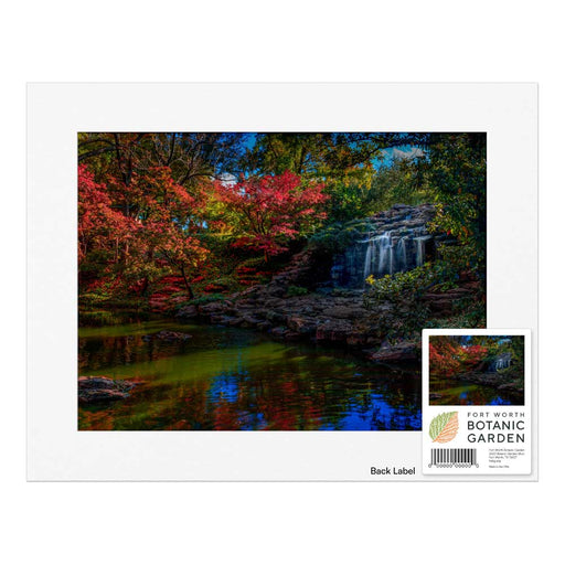 Fort Worth Botanical Garden Waterfall Mounted Print featuring a garden waterfall with red and green autumn trees, with the garden logo and address printed on the back.