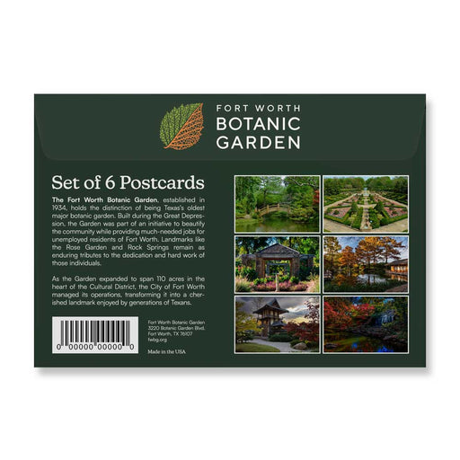 A Fort Worth Botanical Garden Post Card Set folder featuring a grid of six photos showing various garden scenes, including stone bridges, lush paths, and colorful trees.