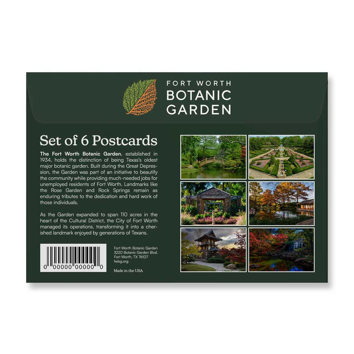 A Fort Worth Botanical Garden Post Card Set folder featuring a grid of six photos showing various garden scenes, including stone bridges, lush paths, and colorful trees.