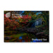 A Fort Worth Botanical Garden Post Card Set featuring a small waterfall cascading over rocks into a pond, surrounded by lush trees with vibrant autumn foliage.