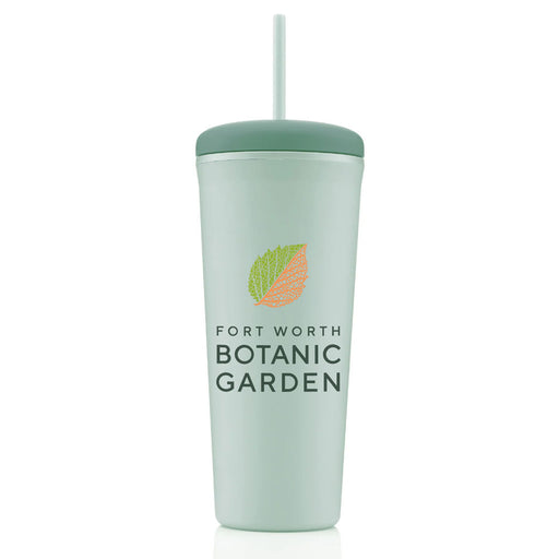 Light green Fort Worth Botanical Garden Recycled Tumbler featuring a lid, straw, and a logo with a split green and orange leaf.