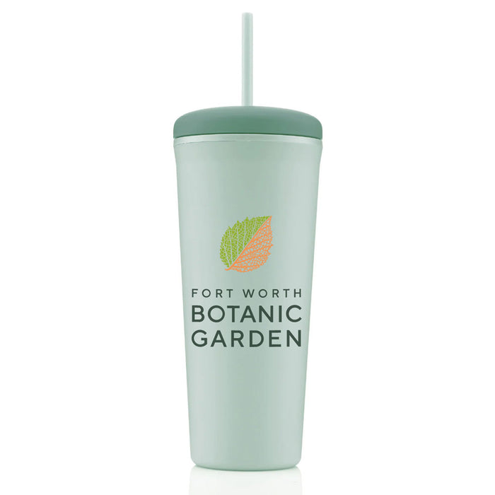 Light green Fort Worth Botanical Garden Recycled Tumbler featuring a lid, straw, and a logo with a split green and orange leaf.