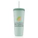 Light green Fort Worth Botanical Garden Recycled Tumbler featuring a lid, straw, and a logo with a split green and orange leaf.