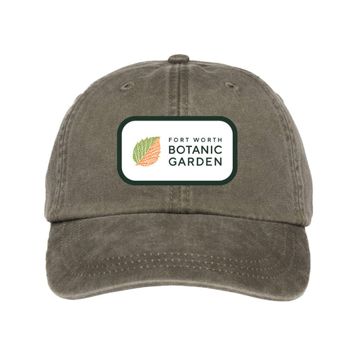Fort Worth Botanical Garden Patch Logo Cap in olive green, featuring a rectangular patch with an orange and green leaf icon.