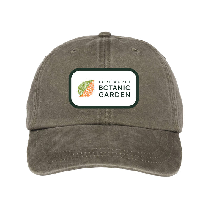 Fort Worth Botanical Garden Patch Logo Cap in olive green, featuring a rectangular patch with an orange and green leaf icon.