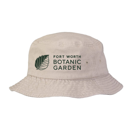 Beige Fort Worth Botanical Garden Logo Bucket Hat featuring a green leaf icon and the text Fort Worth Botanic Garden, celebrating Texas flora.