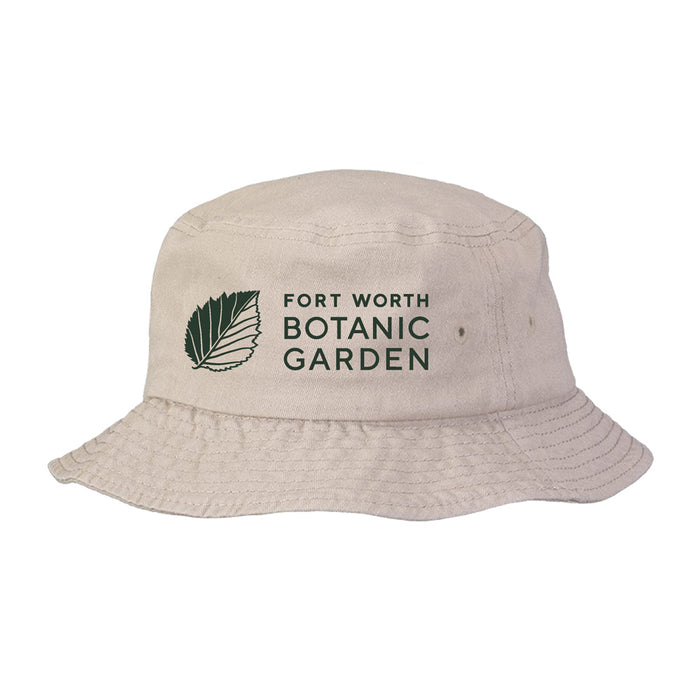 Beige Fort Worth Botanical Garden Logo Bucket Hat featuring a green leaf icon and the text Fort Worth Botanic Garden, celebrating Texas flora.