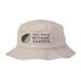 Beige Fort Worth Botanical Garden Logo Bucket Hat featuring a green leaf icon and the text Fort Worth Botanic Garden, celebrating Texas flora.