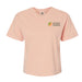 Light peach, short-sleeved, boxy Fort Worth Botanical Garden Women’s Boxy T-Shirt featuring a leaf logo and the text Fort Worth Botanic Garden on the left chest.