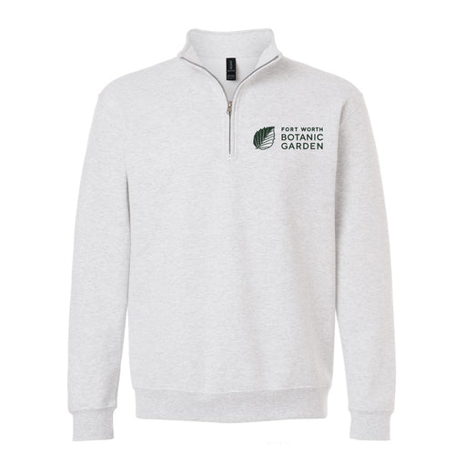 Light gray Fort Worth Botanical Garden Logo Quarter Zip Sweatshirt featuring a green leaf icon and the organization’s logo on the left chest.