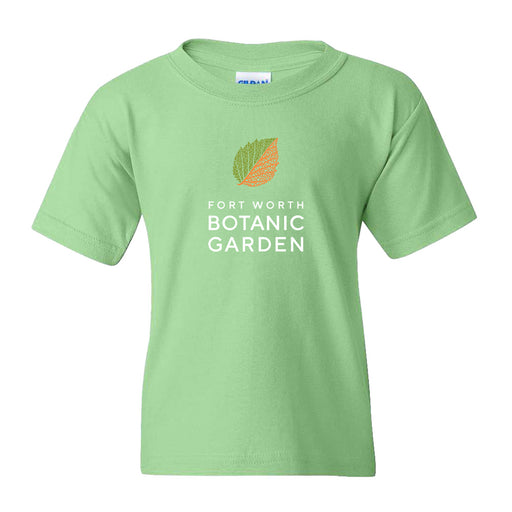 Light green, short-sleeve Fort Worth Botanical Garden Logo Youth T-Shirt with a leaf logo printed on the chest.