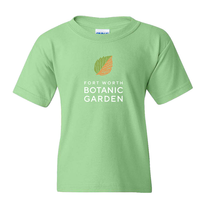 Light green, short-sleeve Fort Worth Botanical Garden Logo Youth T-Shirt with a leaf logo printed on the chest.
