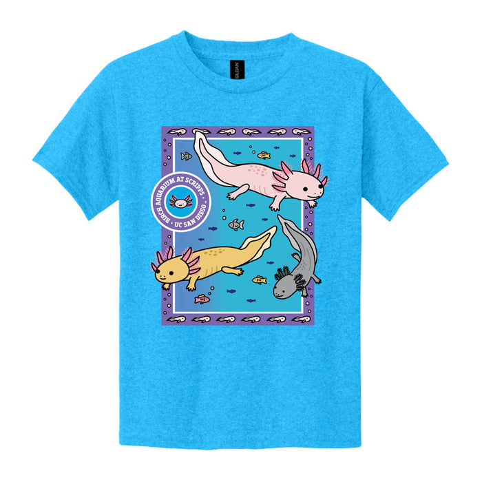 Bright blue Birch Aquarium Axolotl Youth T-Shirt featuring a graphic of three axolotls swimming inside a purple-bordered frame.