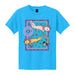 Bright blue Birch Aquarium Axolotl Youth T-Shirt featuring a graphic of three axolotls swimming inside a purple-bordered frame.