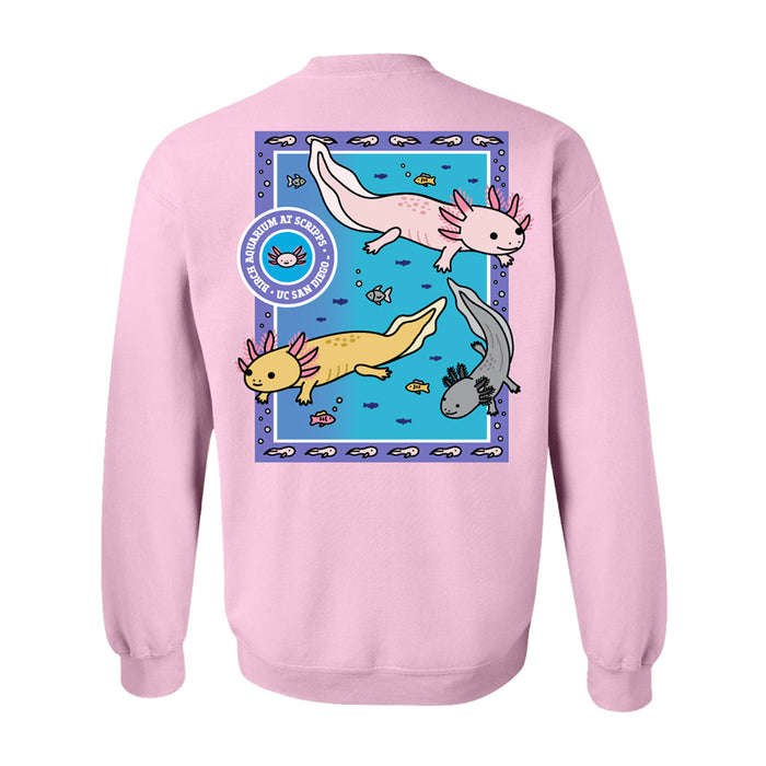 Light pink Birch Aquarium Axolotl Crew Sweatshirt featuring a back graphic of three axolotls swimming in a blue rectangular frame and a circular Birch Aquarium at Scripps logo.