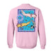 Light pink Birch Aquarium Axolotl Crew Sweatshirt featuring a back graphic of three axolotls swimming in a blue rectangular frame and a circular Birch Aquarium at Scripps logo.
